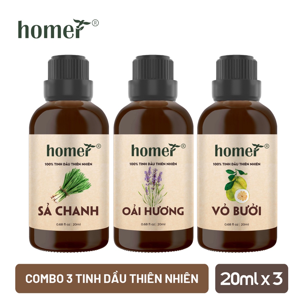 Combo 3 tinh dầu Sả Chanh + Oải Hương + Vỏ Bưởi Homer 20ml/chai