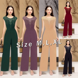 Jumpsuit nữ Dài Ống Suông Tay Chòm Phối Lưới Đính Hột Màu Xinh Xắn J1038