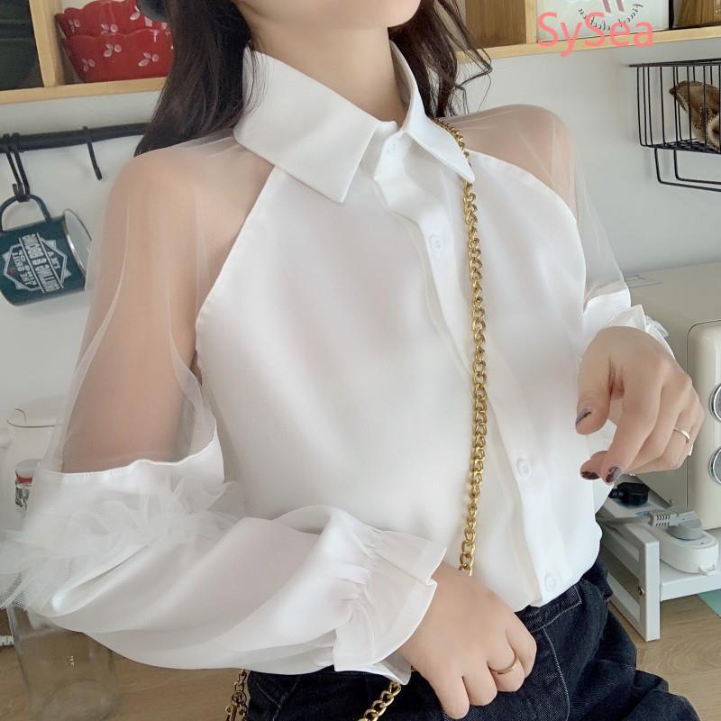 Áo Kiểu Tay Loe Phối Lưới Thời Trang Hàn Quốc Cho Nữ