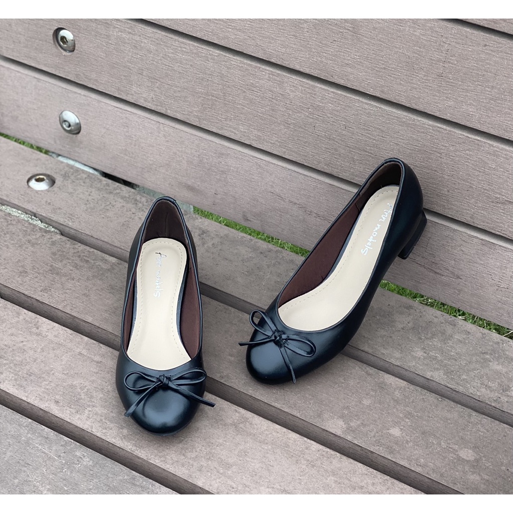 Giày cao gót 3 phân mũi tròn gót vuông gắn nơ nhí