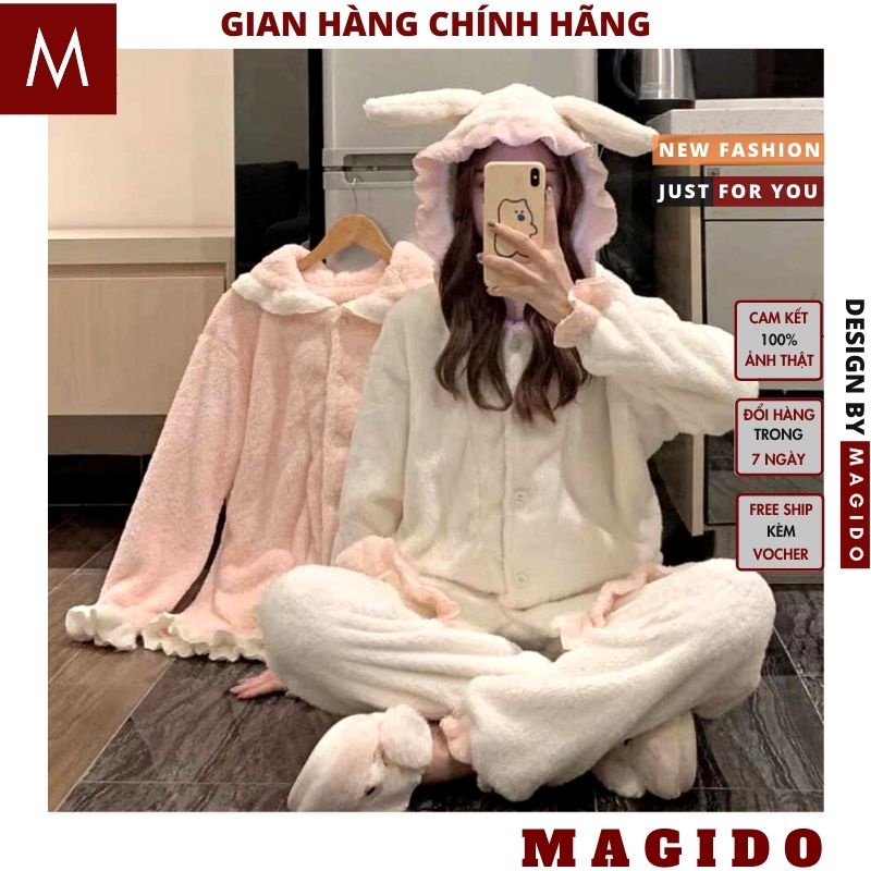 bộ ngủ lông 💚bộ lông mặc ngủ mùa đông -tai thỏ viền bèo hồng trắng, phong cách ulzzang, vintage CUTE MAGIDO | BigBuy360 - bigbuy360.vn