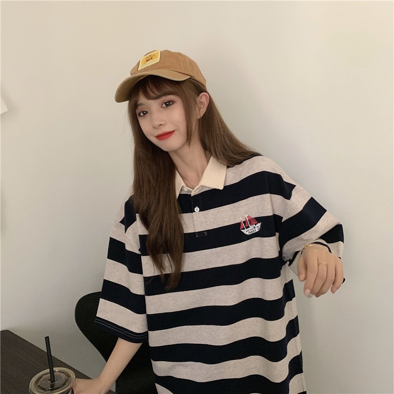 Áo Phông Ulzzang Tay Lỡ Sọc Ngang- Có Cổ