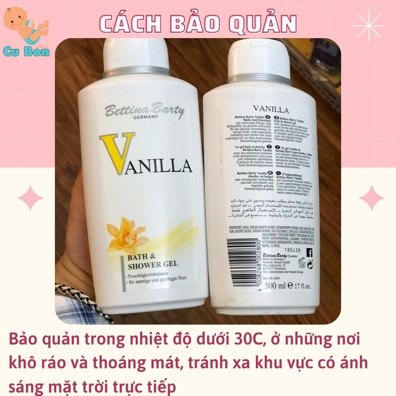 Sữa Tắm Nước Hoa trắng da của Đức cao cấp Bettina Barty Vanila 500ml Giữ Hương Thơm Lâu Tự Nhiên làn da mịn màng mềm mại