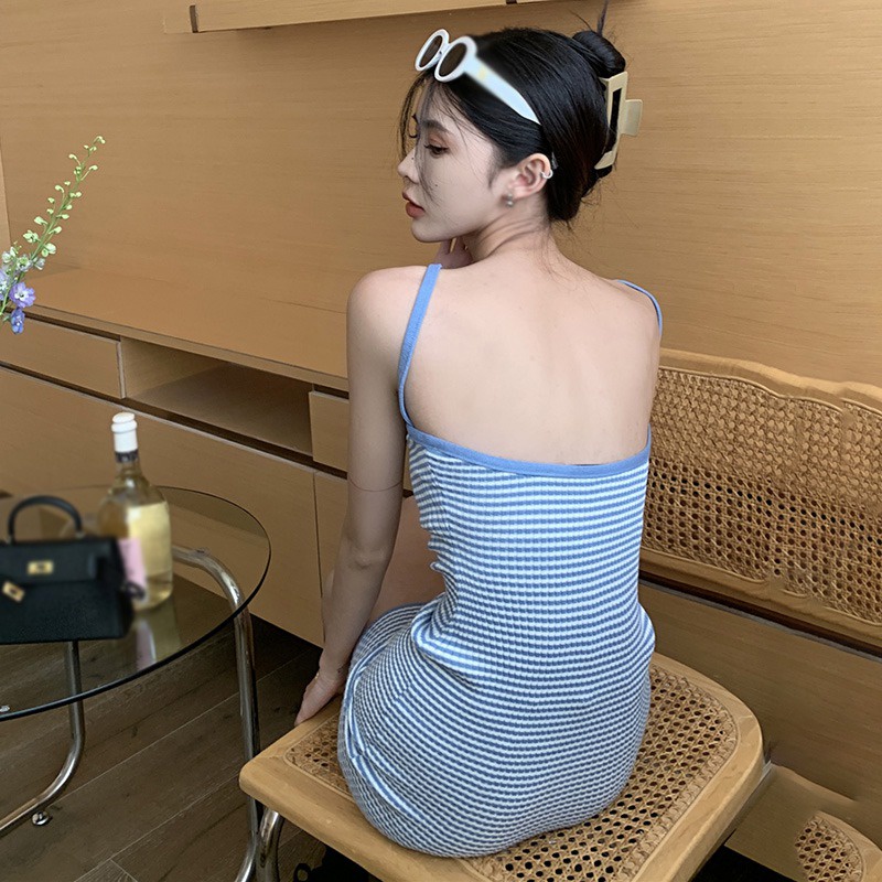 Đầm Hai Dây Kẻ Sọc Hở Lưng Gợi Cảm Phong Cách Hàn Quốc Cho Nữ