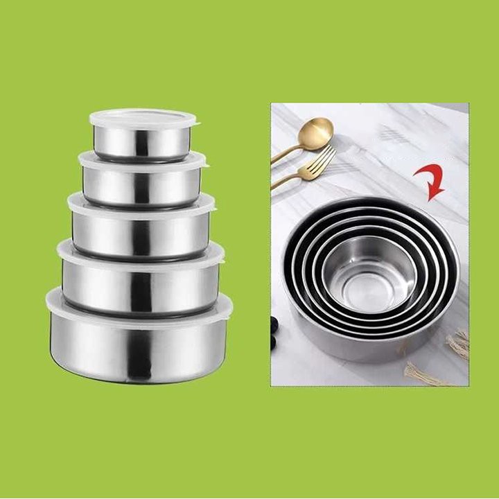 Combo 5 bát inox có nắp đậy silicon, nhiều kích thước khác nhau, chén đựng đồ ăn bằng inox không gỉ