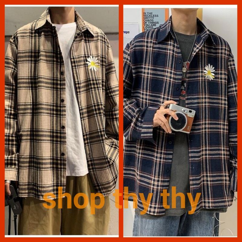 Áo sơ mi caro thêu logo unisex kiểu khoác form rộng thời trang teen hè