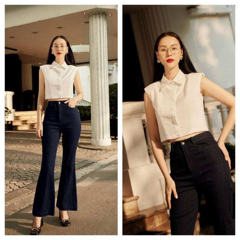 Q55 Quần denim ống loe cạp cao nữ