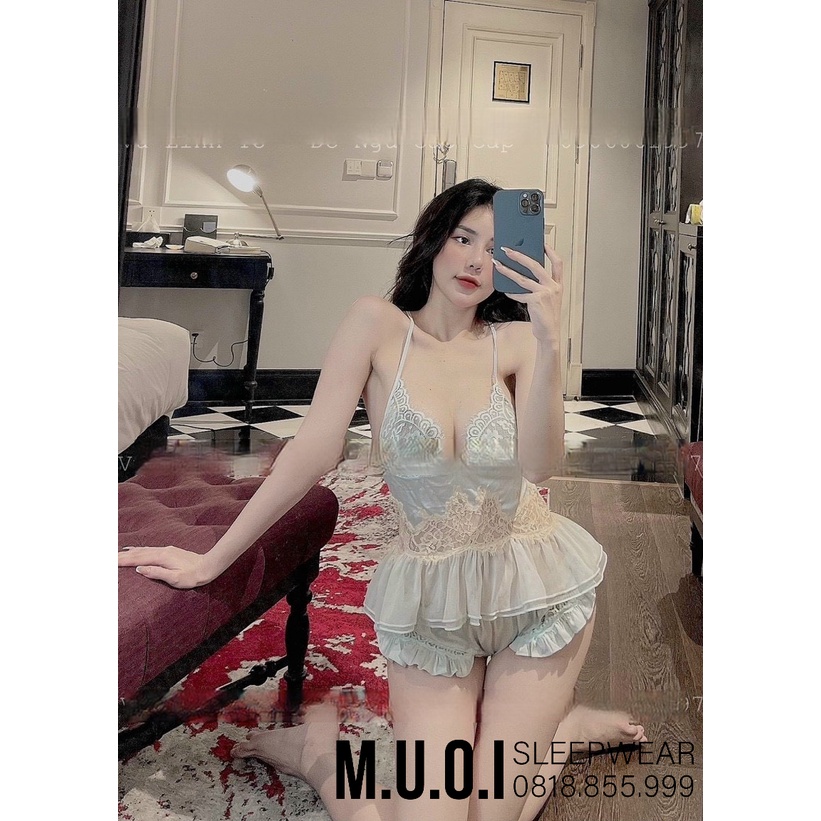 Bộ đồ ngủ lụa phối ren đan chéo lưng hot hit MIEMMOC - BD 19 - QUẢNG CHÂU cao cấp(video+ảnh thật)
