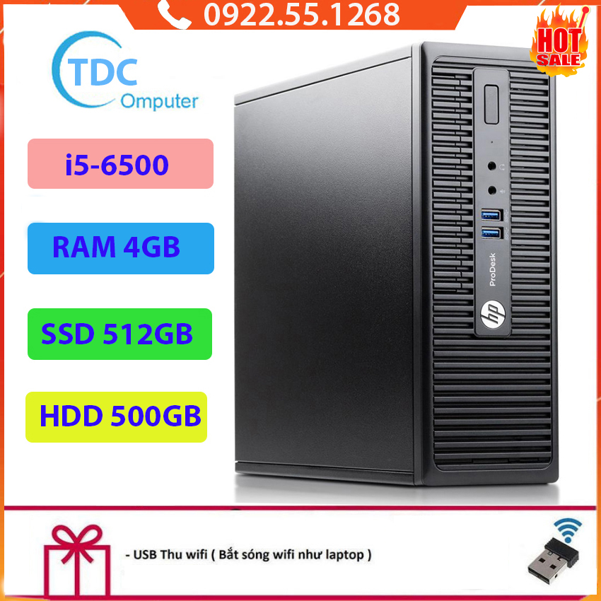 Case máy tính đồng bộ HP ProDesk 400G3 SFF, cpu core i5-6500, ram 4GB, SSD 512GB,HDD 500GB Tặng USB thu Wifi