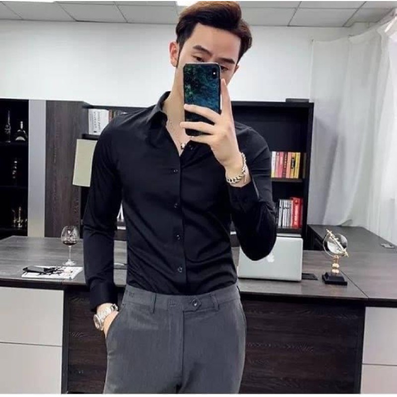 Áo sơ mi nam, sơ mi nam trơn dài tay_ Mens kiểu dáng Hàn Quốc vải không nhăn, thấm hút mồ hôi