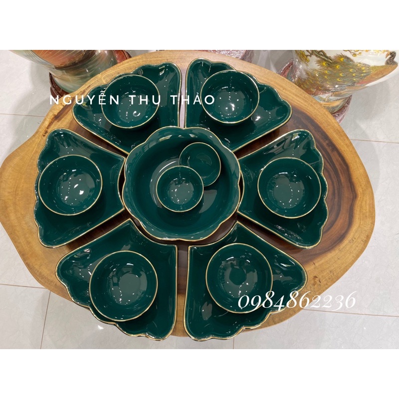 Bộ bát đĩa hoa mặt trời xanh cổ vịt viền vàng cao cấp - Bộ đồ ăn Bát Tràng