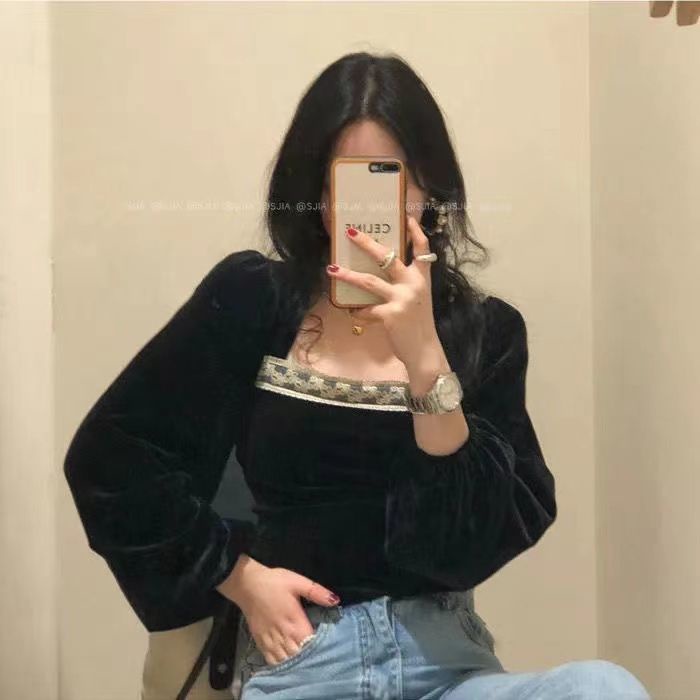 Áo Sơ Mi Tay Dài Cổ Vuông Bằng Vải Nhung Màu Đen Phong Cách Pháp Thời Trang 2022