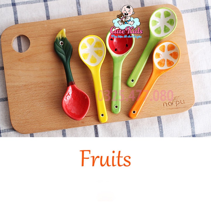 Thìa ăn dặm hình các loại trái cây cho trẻ  ,thìa gốm sứ hình 3D các loại trái cây dành cho bé ăn dặm -Cutekids.