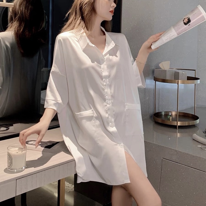 Váy ngủ nữ dáng sơ mi, áo choàng chất liệu lụa mềm mịn thoáng mát đồ mặc nhà quyến rũ sang chảnh