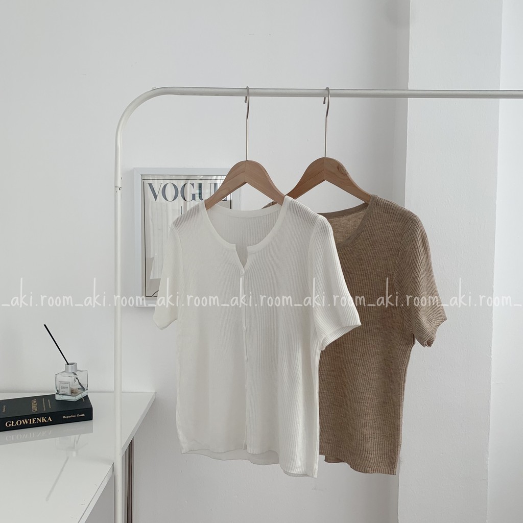 Áo len tăm mỏng cộc tay cài cúc cổ tròn V chất mềm