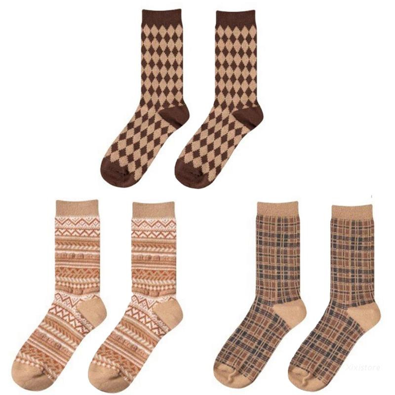 Xixi Vớ cổ cao dày giữ ấm họa tiết kẻ sọc hình học phong cách Harajuku Nhật Bản cho nữ sinh