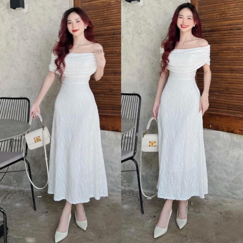 Đầm midi trễ vai đen trắng