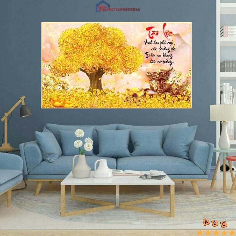 Tranh đính đá, tranh thêu chữ thập cây kim tiền tài lộc