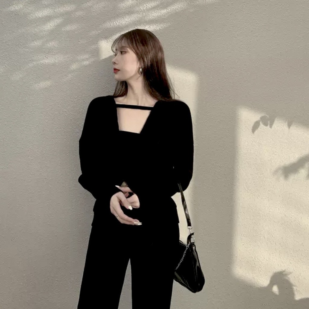 A24 Set Bộ Áo Dài Tay Cutout Kèm Quần Dài Suông Culottes Thời Trang Thu Đông