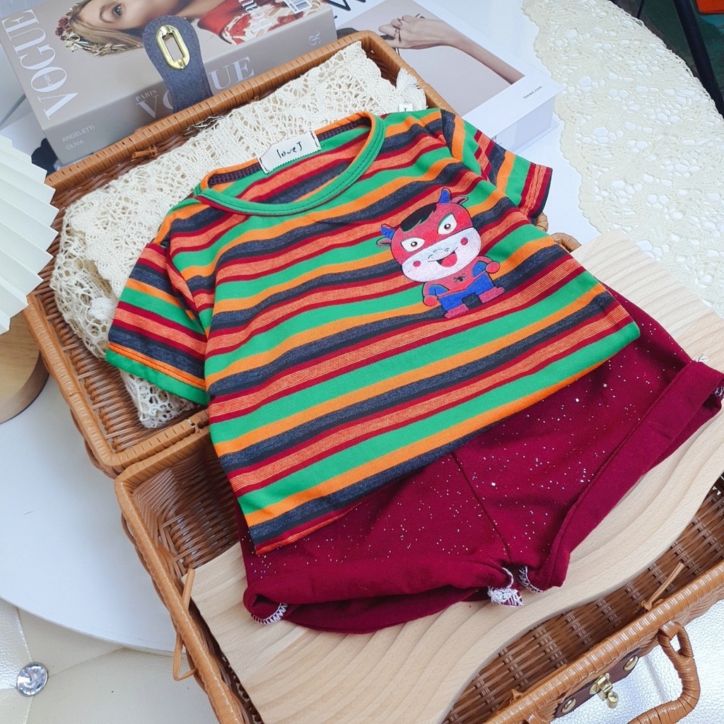 Bộ Cotton Mùa Hè Áo Kẻ Ngang Chất vải Mát Lạnh Nhiểu Màu sắc Họa Tiết Cho Bé 6 Màu B1010