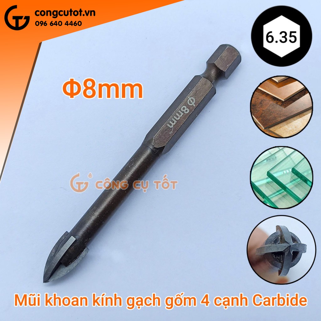 Mũi khoan kính gạch gốm mũi 4 cạnh carbide chuôi lục