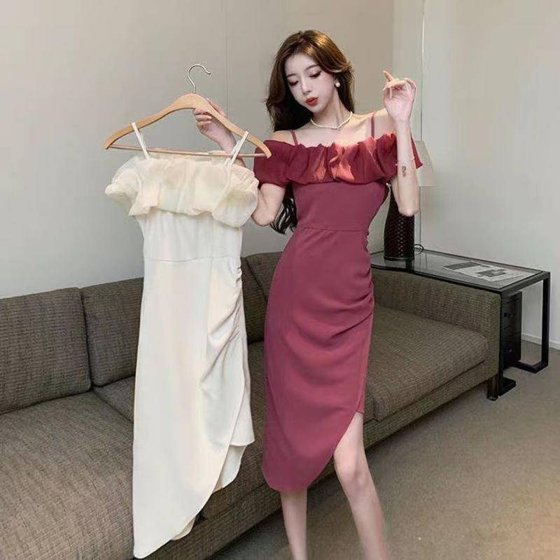 French Retro Style Sexy Off Shoulder Dress Summer New Style Sweet and Spicy Slim Dresses Fairy Strap Dress