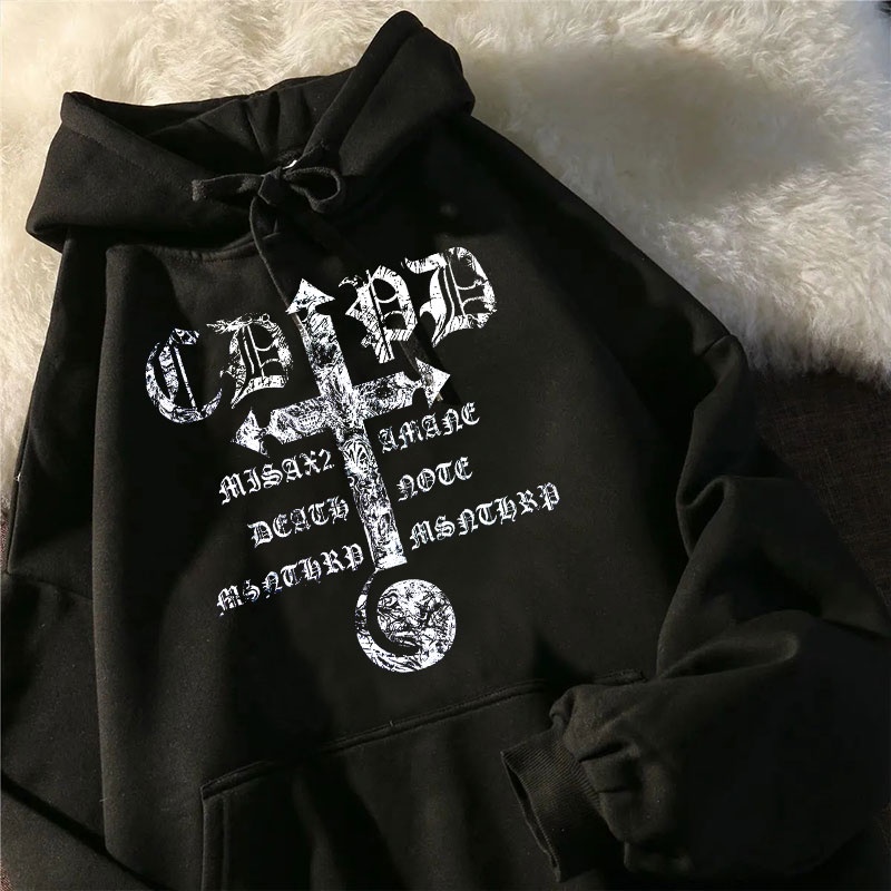 Áo hoodie oversize dài tay họa tiết thánh giá và chữ phong cách Death Note gothic thời trang đường phố