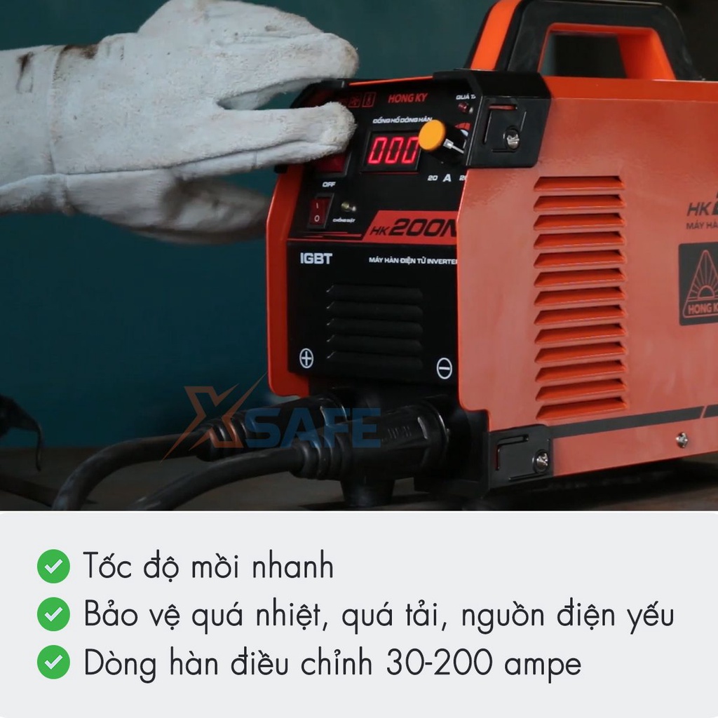 Máy hàn điện tử mini Hồng Ký HK200N Máy hàn que MMA Inverter 200 Ampe 220V, chức năng chống giật, bảo vệ quá tải, nhiệt