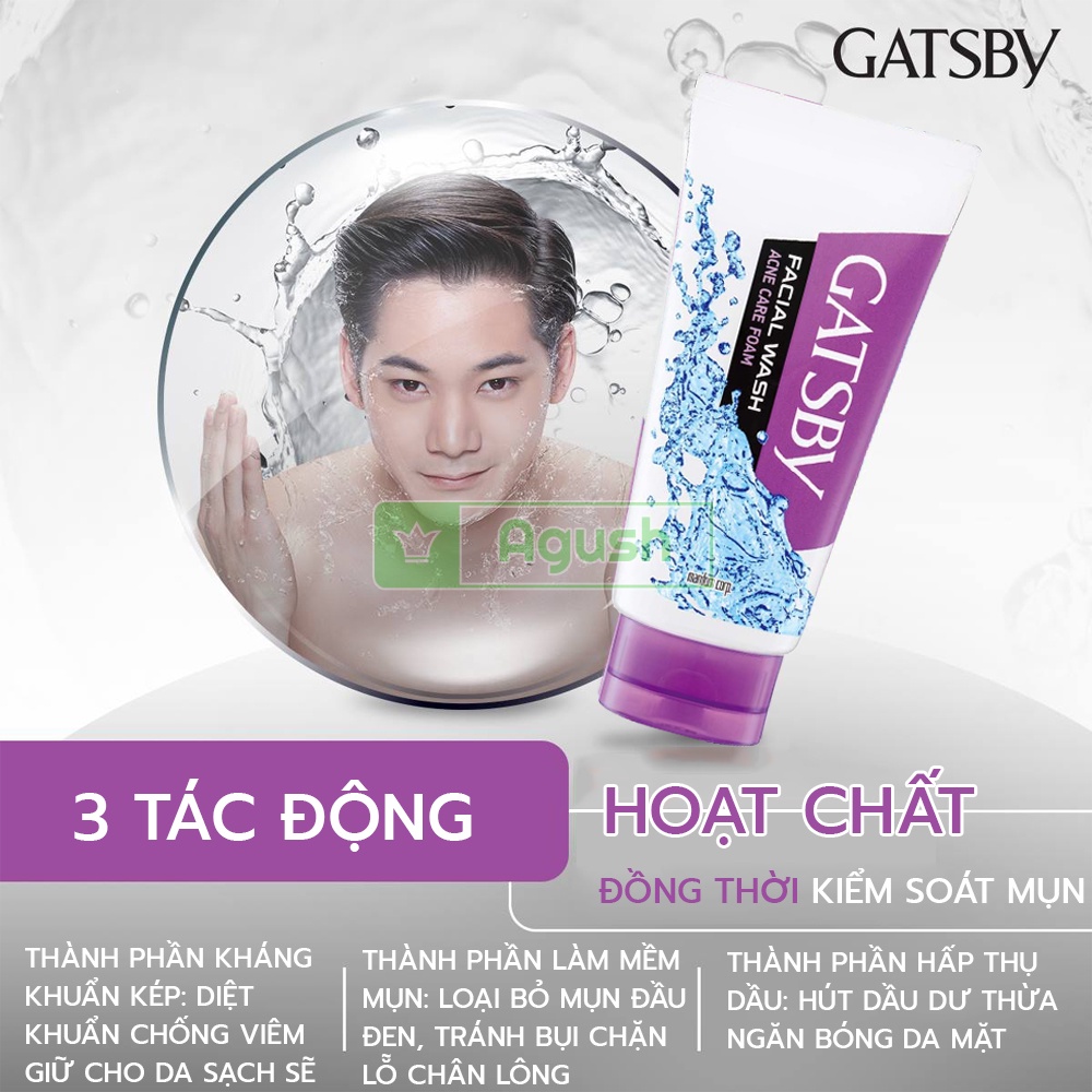 Sữa rửa mặt nam giới da dầu ngừa mụn chính hãng Gatsby Facial Wash Acne Care Foam chai 130g tẩy tế bào chết tạo bọt rẻ