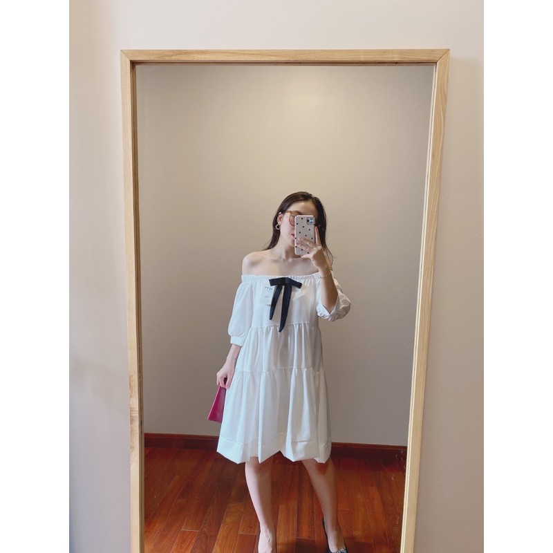 Váy Babydoll Cổ Vuông Nơ Gài 🦋FREESHIP🦋 Đầm Trắng Nữ Cộc Tay Nơ Đen | BigBuy360 - bigbuy360.vn