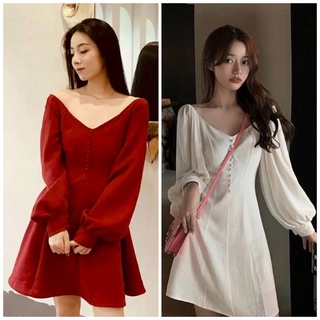 Đầm cổ V tay dài nút bọc 2 màu