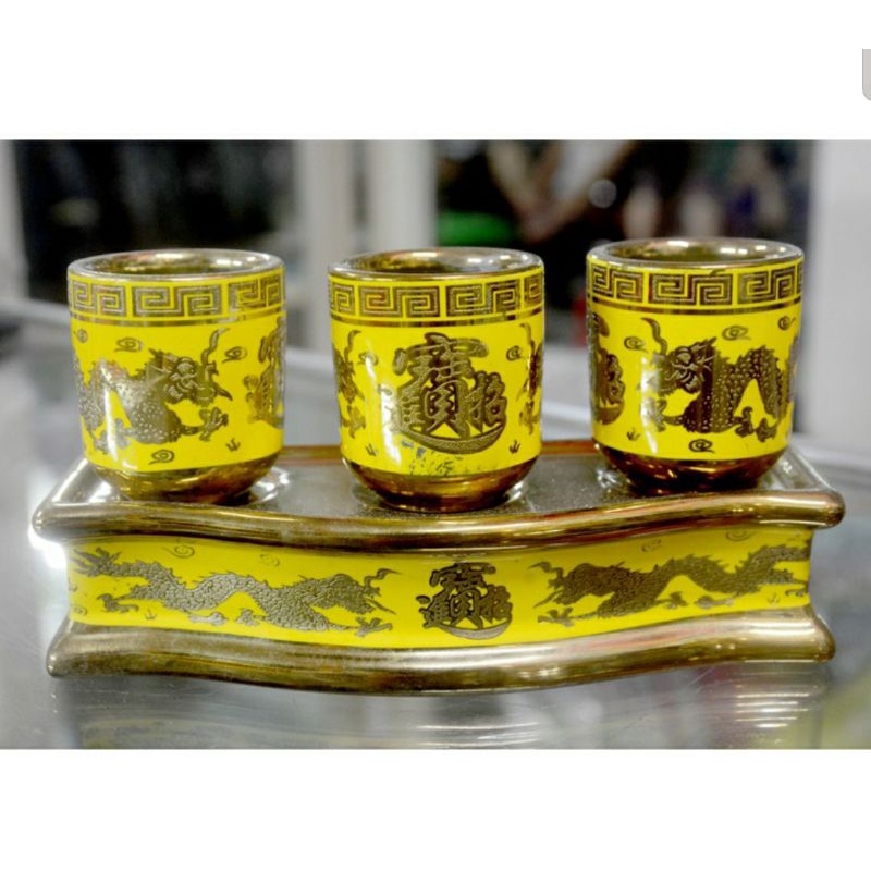 Bộ chung cúng 3 ly và 5 ly hàng 3d vàng họa tiết con rông-Gốm sứ tráng men cao cấp