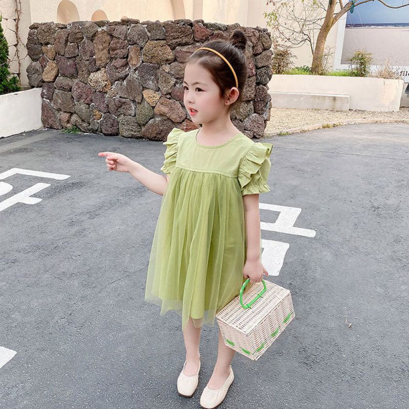 Đầm Công Chúa Tay Ngắn Phối Lưới Màu Trơn Thời Trang Mùa Hè Se7en Cho Bé Gái