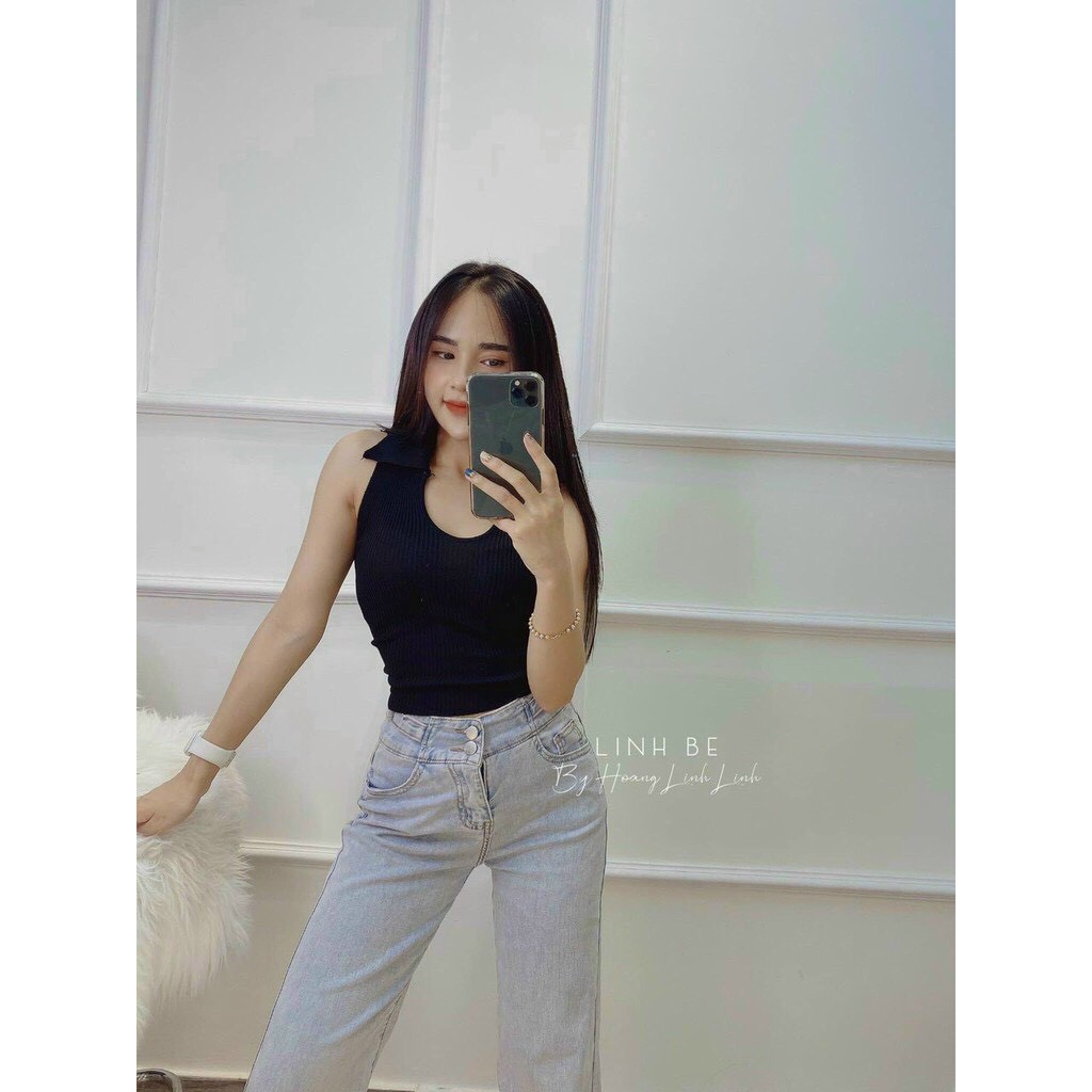 Áo Croptop Kiểu Không Tay Cổ Bẻ Fom Áo Ba Lỗ Chất Thun Gân Co Giãn Phong Cách Hàn Quốc