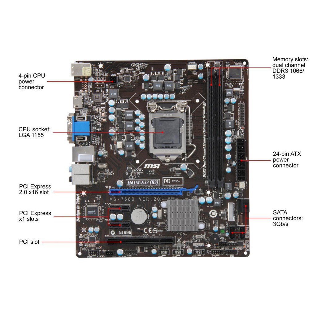 Main MSI H61 cũ mã MSI H61M-E33 B3 nguyên bản tháo máy