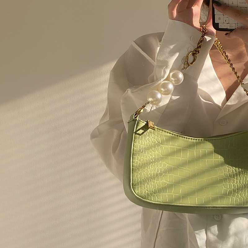 Túi Xách Phối Dây Xích Đính Ngọc Trai Kiểu Vintage Pháp Sang Trọng Thời Trang