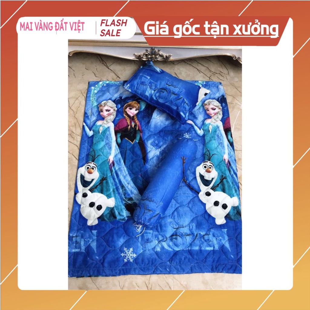 Set chăn gối cho bé 3 món-free ship-được trần bông có thể mang đến trường-mẫu elsa xanh