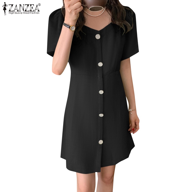 Đầm mini Zanzea cổ tròn cài nút trước phong cách Hàn Quốc thời trang cho nữ