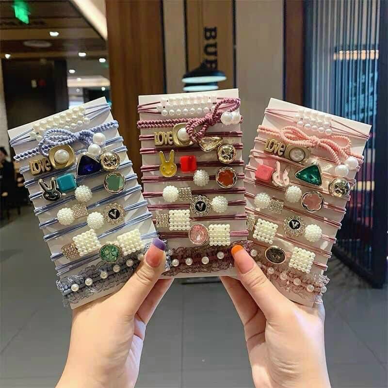 Set 11 dây buộc tóc cao su đơn giản dễ thương cho nữ kèm túi zip