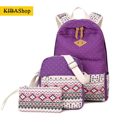 Combo Balo + Túi xách + Ví Chấm Bi Họa Tiết Nhập Khẩu Chính Hãng Phong Cách Hàn Quốc Da Đẹp Như Hình Màu Tím BL102T