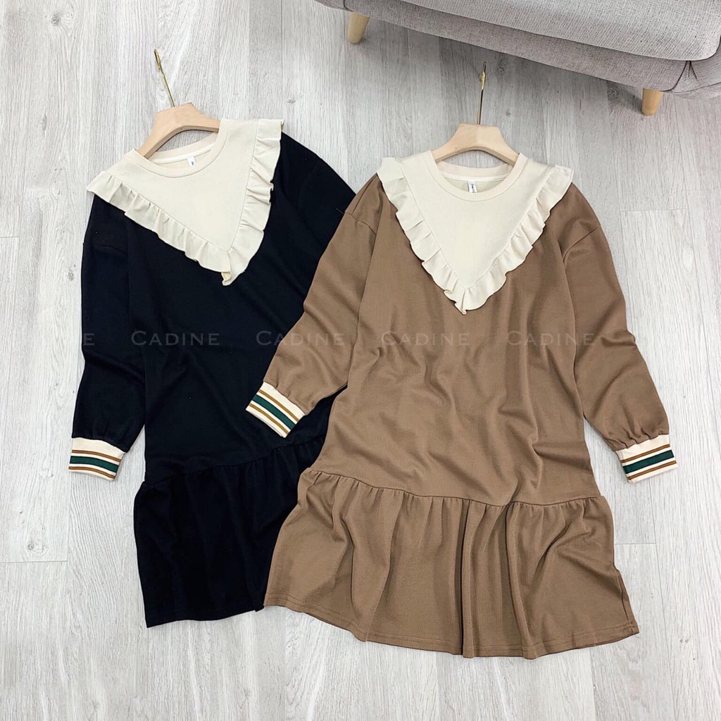 Váy Len Suông Dài Tay Đầm Thu Đông Nữ Đuôi Cá Bo Tay Cổ Tròn Vintage