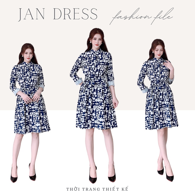Đầm xanh họa tiết, váy xanh họa tiết JANDRESS thiết kế nơ eo hack dáng, chất liệu vải cao cấp thấm h