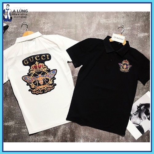 Áo thun cổ trụ thêu chữ gucci nổi bật cotton co dãn 2 màu trắng đen L67