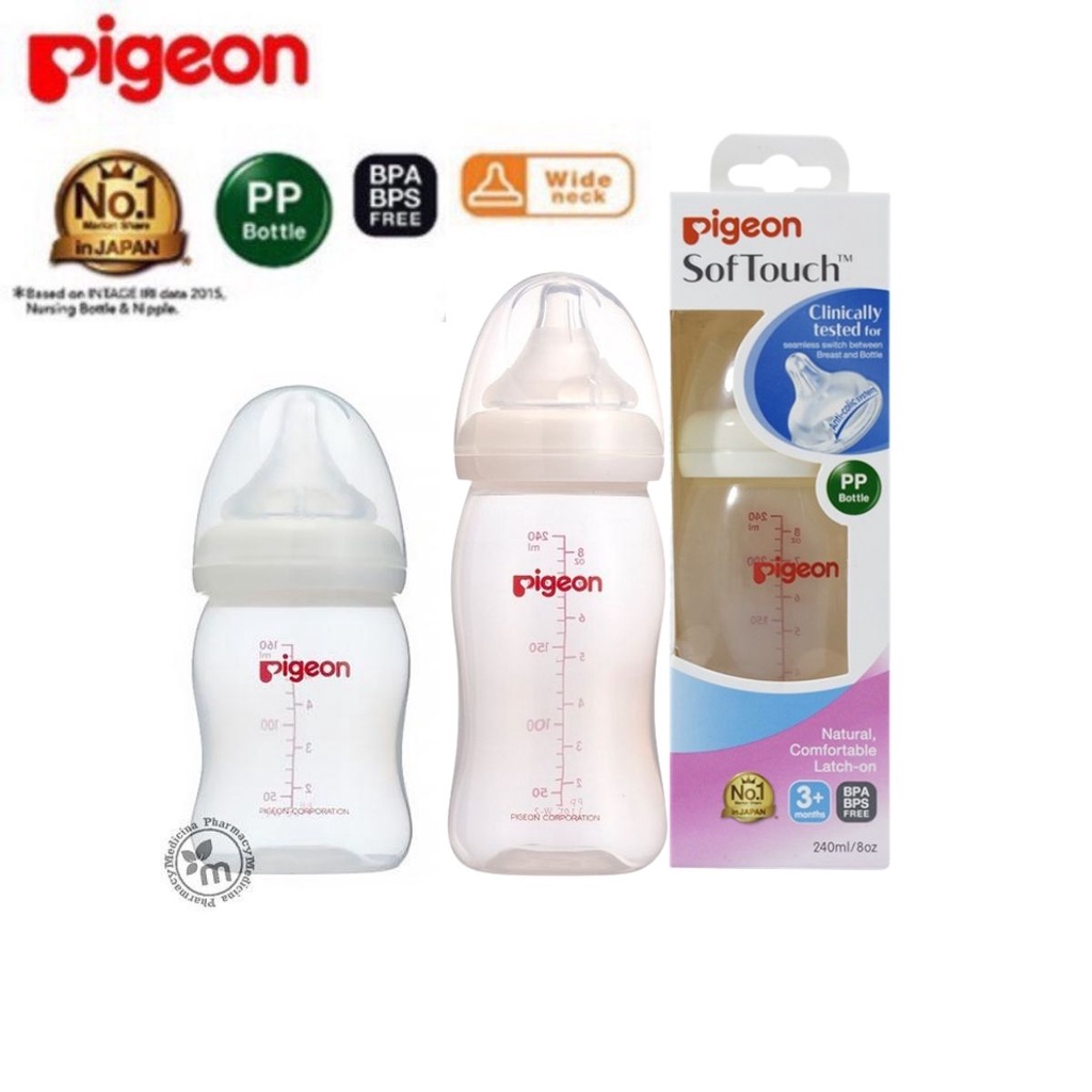 Bình sữa Pigeon 160ml / 240ml cổ rộng PP Plus với núm vú silicone siêu mềm Plus