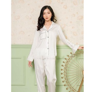 Pijama lụa nguyên chất cao cấp màu trắng viền lé {FREESHIP}