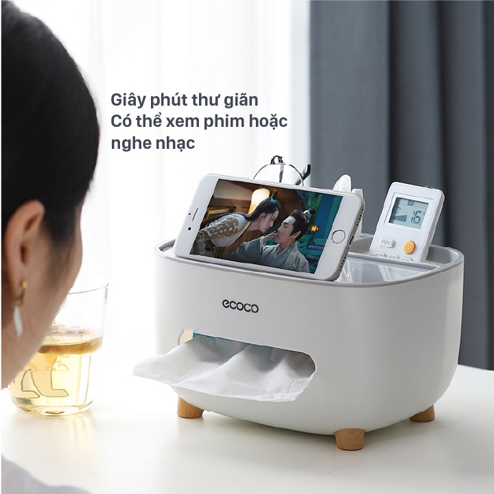 Hộp giấy ăn để bàn đa năng ECOCO 2 ngăn để điện thoại, mỹ phẩm, phụ kiện, nhựa PP an toàn sức khỏe E2009