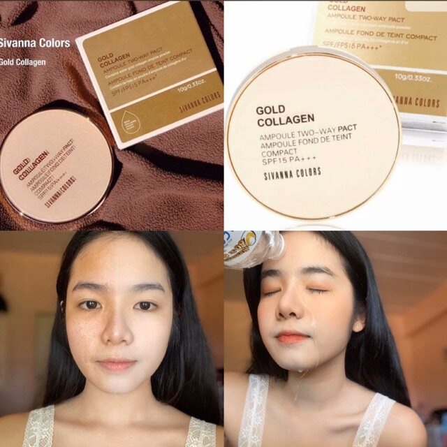 Phấn phủ Sivanna Colors Gold Collagen Ampoule Two Way Pact HF675 SPF 15 PA++ tone 21 10g giúp da bạn săn chắc, mịn màng