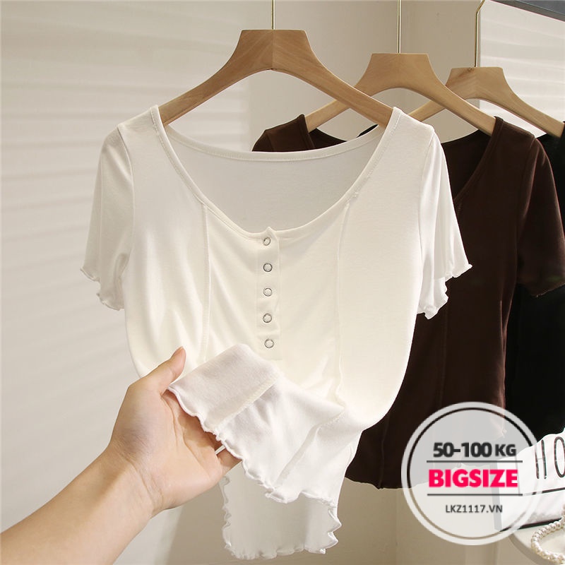 Áo thun Bigsize Áo tiểu thư form rộng tay ngắn cổ u mùa hè Phong cách Hàn Quốc Thời Trang tiểu thư cá tính xinh đẹp cho người mập béo