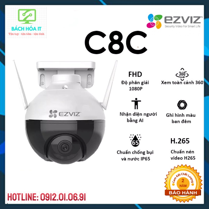 Camera ngoài trời Wifi EZVIZ C8C Full HD 1080P xoay 360 độ Tích hợp AI -Có màu ban đêm | BigBuy360 - bigbuy360.vn