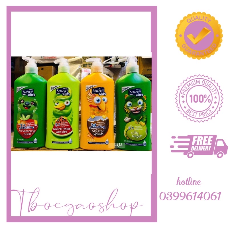 Sữa tắm gội 2 trong 1 suave kids đủ size 532ml/1.8L đủ mùi táo, dưa, dừa